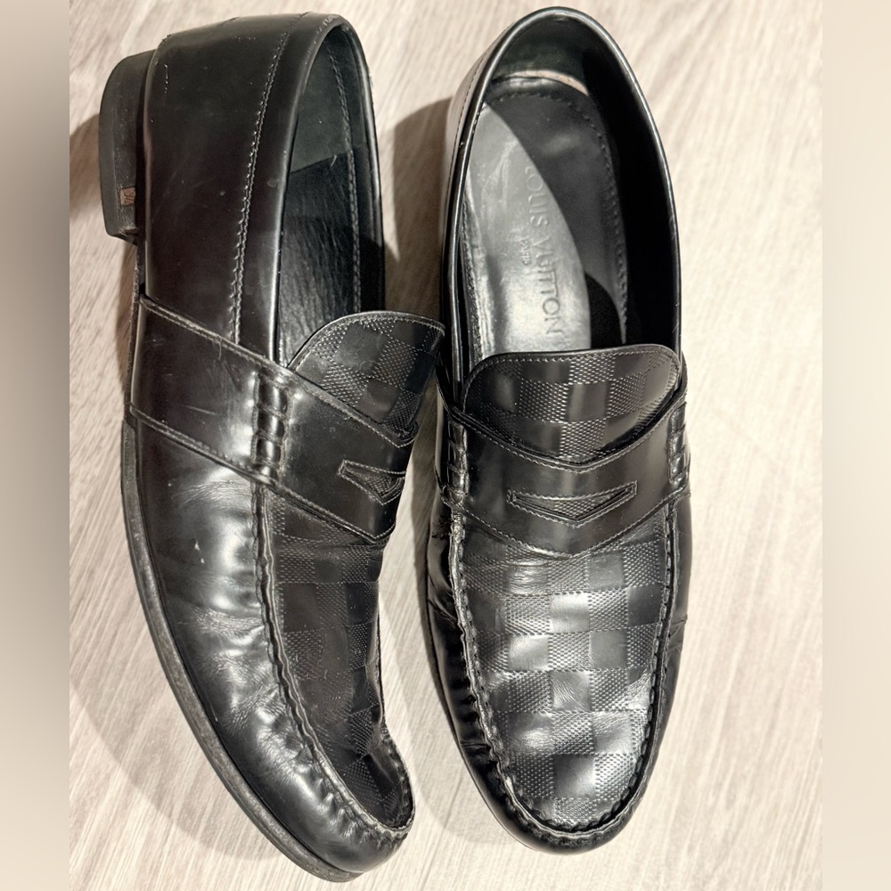 Louis Vuitton Black Damier Leather Santiago Slip On Loafers Size 10.5